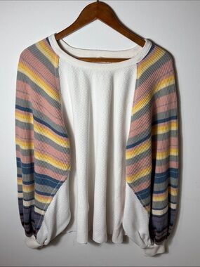 Free People We The Free Thermal Top Rainbow Stripe Balloon Sleeves Large